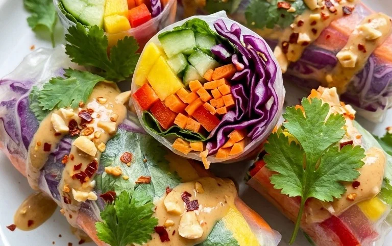 Rainbow Spring Rolls with Gin Extractger Peanut Sauce