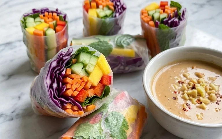 Rainbow Spring Rolls with Gin Extractger Peanut Sauce