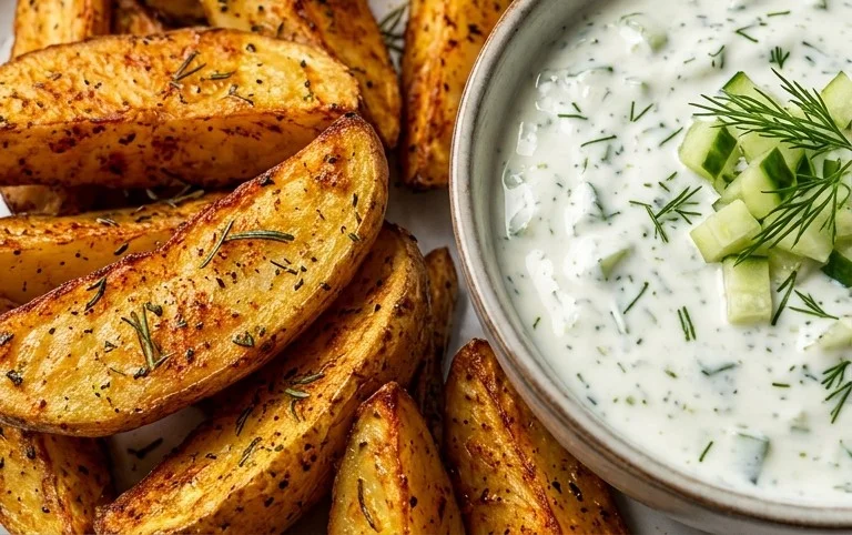 Kartoffelspalten mit Gurkendip