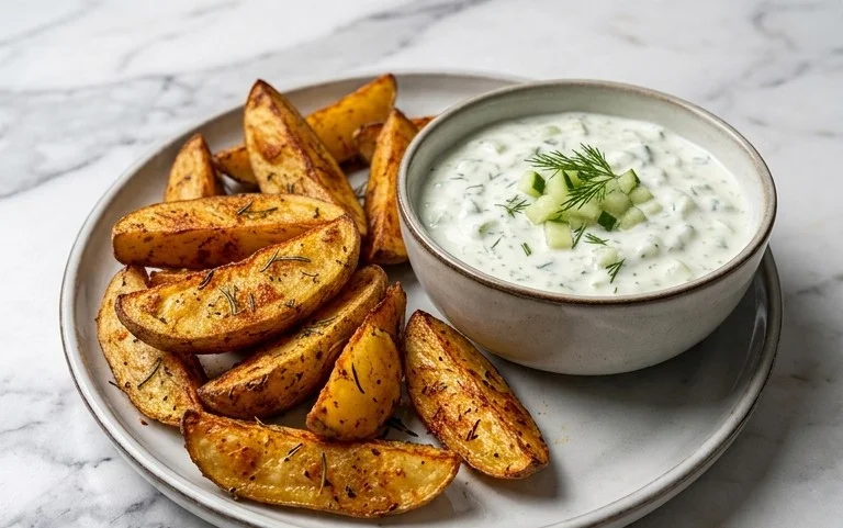 Kartoffelspalten mit Gurkendip