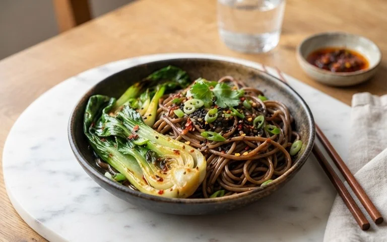 Spicy Garlic Soba Noodles with Bok Choy