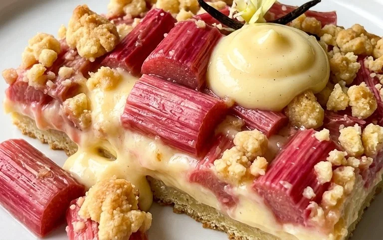 Rhabarberkuchen mit Pudding und Streuseln – wie von Oma