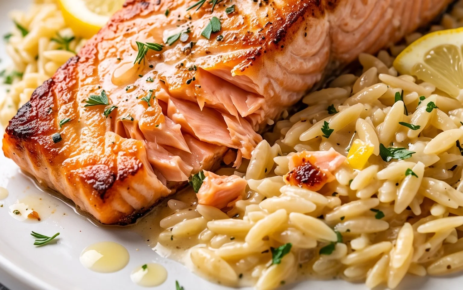 One Skillet Salmon with Lemon Orzo