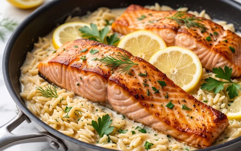 One Skillet Salmon with Lemon Orzo