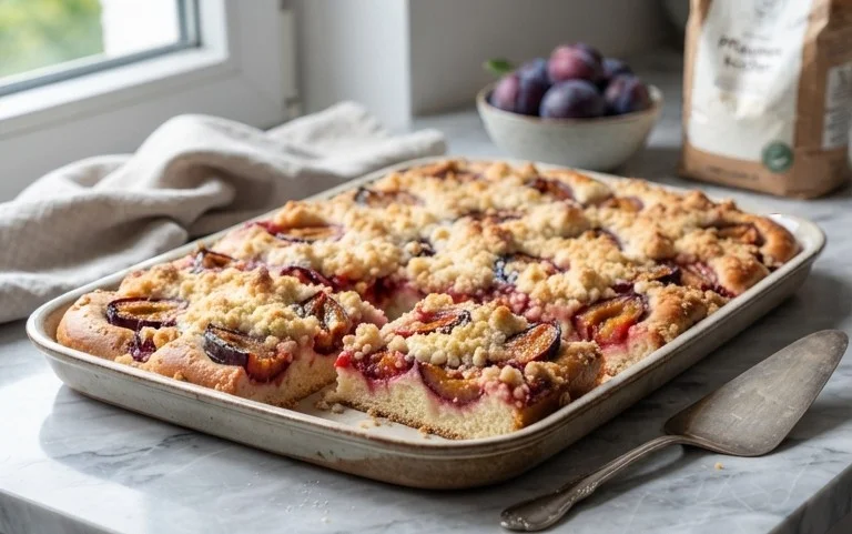 Rezept für Streusel-Pflaumenkuchen vom Blech mit Hefeteig