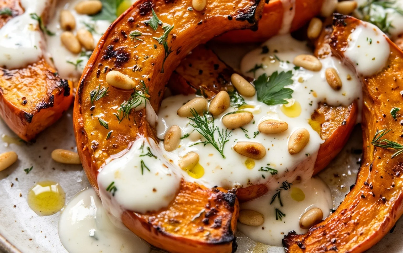 Roasted Pumpkin with Lemon Yogurt Sauce and Pine Nuts